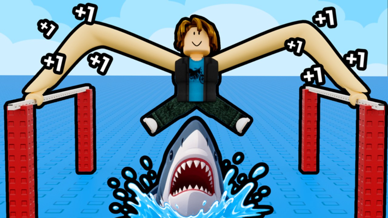 Roblox avatar with super-long arms spanning two red bars above a jumping shark in Long Arm Toy Escape