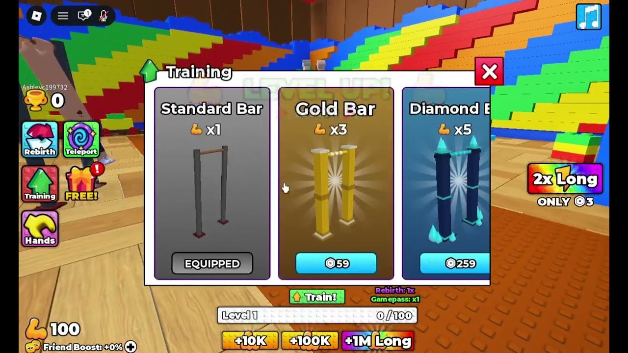 In-game Training shop showing Standard, Gold, and Diamond Bars inside the colorful toy factory